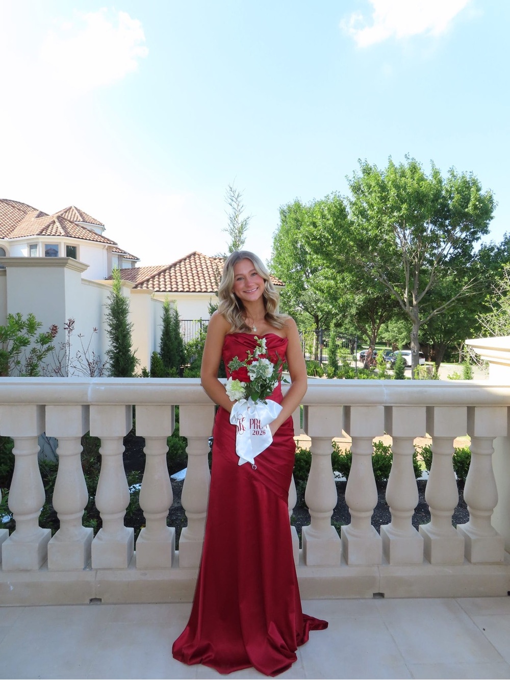 Red Satin Strapless Prom Gown (scarf not included)
